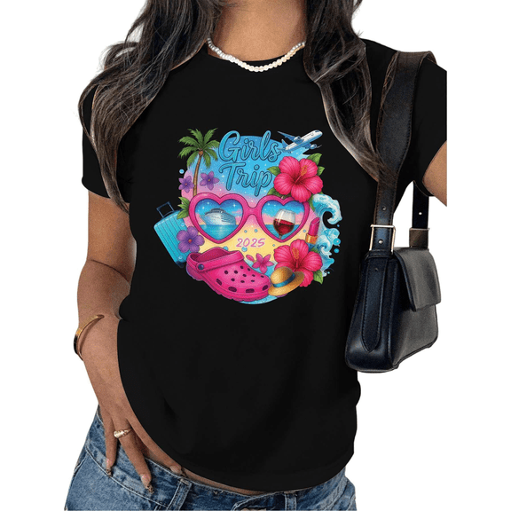 2025 Girls Trip Cruise Vibe Print Graphic Tees BFF Travel Statement Outfit Plane & Clog Detail T-shirt Black S-5XL Tops