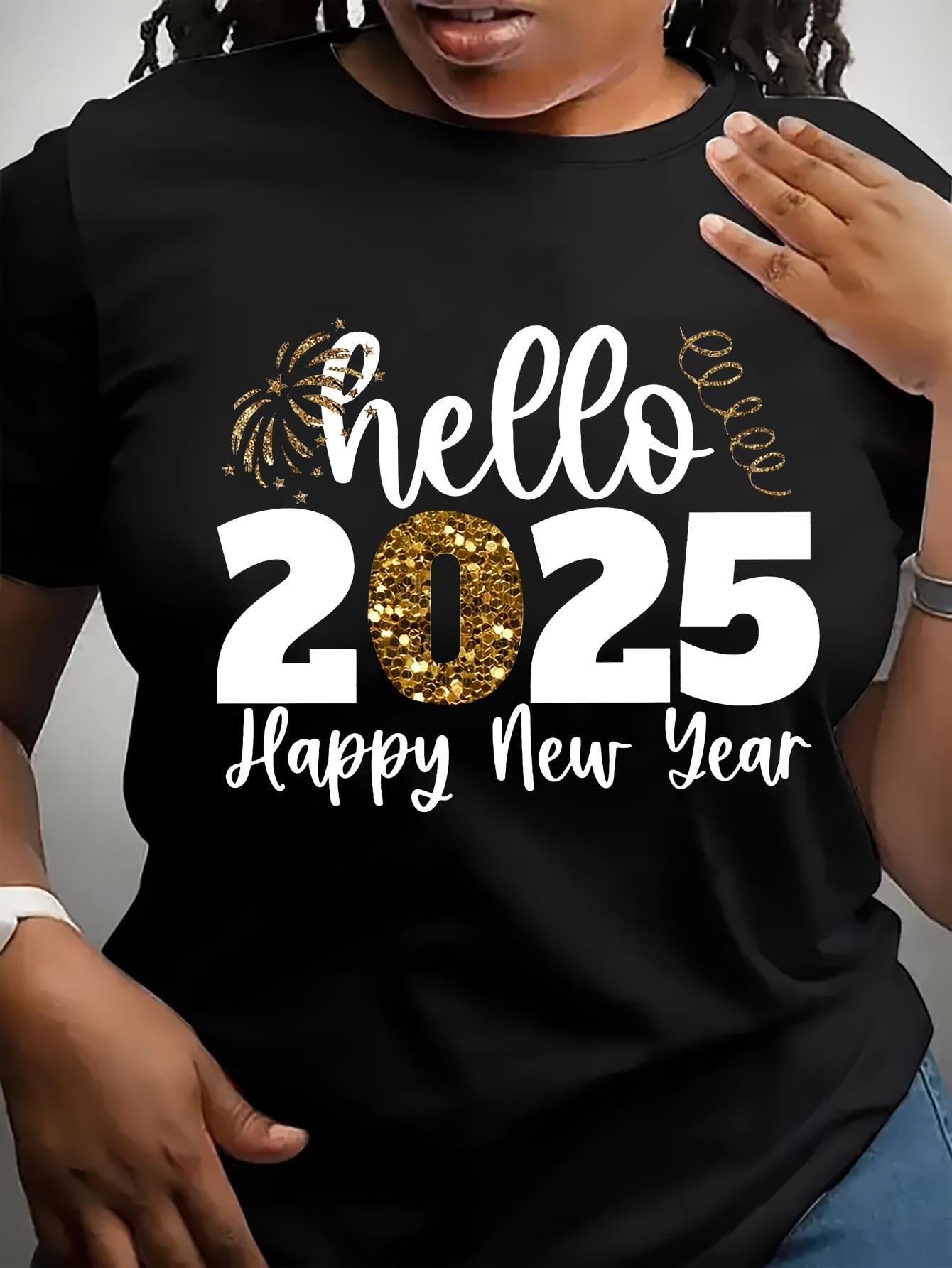 2025 Glitter Print Women's Graphic T-Shirt, Casual Crew Neck, Polyester ...