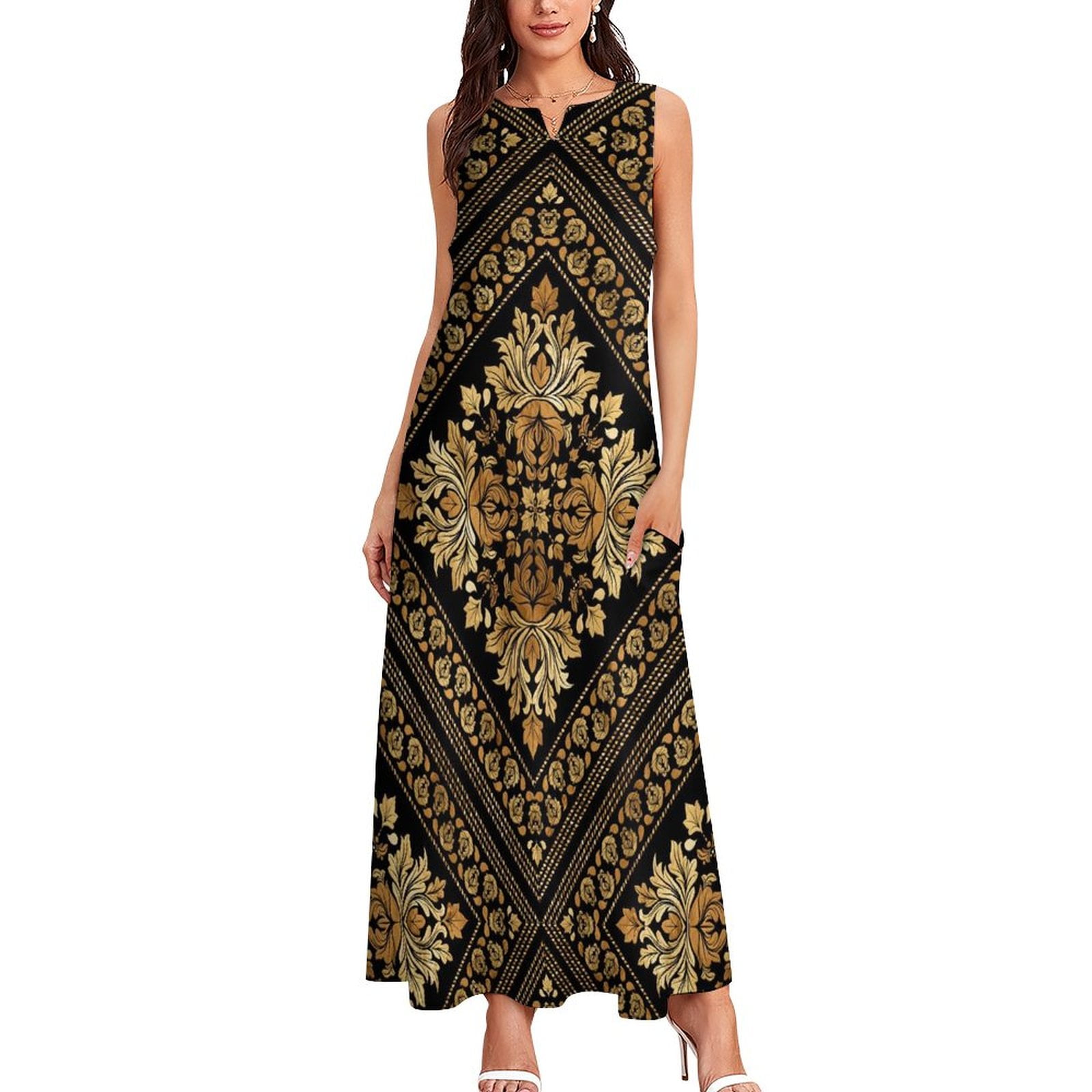 2025 Gold Baroque Dress Floral Print Maxi Dress Aesthetic Bohemia Long ...
