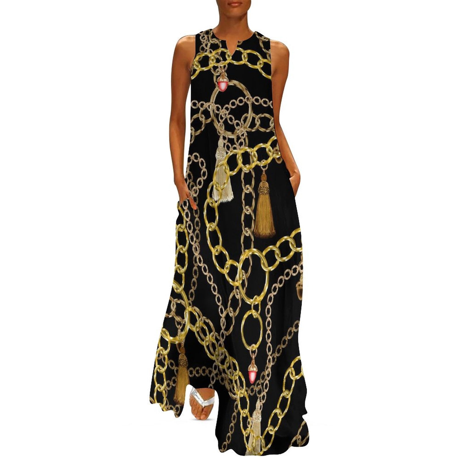 2025 Gold Chains Dress Jewelry Print Elegant Maxi Dress V Neck Pattern Bohemia Long Dresses Street Fashion Oversized Vestido 2025 Gold Chains Dress Jewelry Print Elegant Maxi Dress V Neck Pattern Bohemia Long Dresses Street Fashion Oversized Vestido