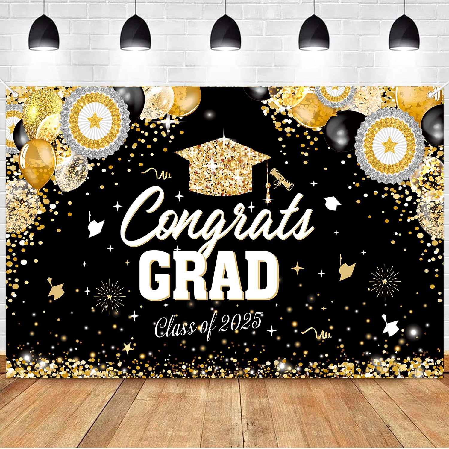 2025 Graduation Banner Backdrop MMF7 72x43 Inch - Black Gold Graduation ...