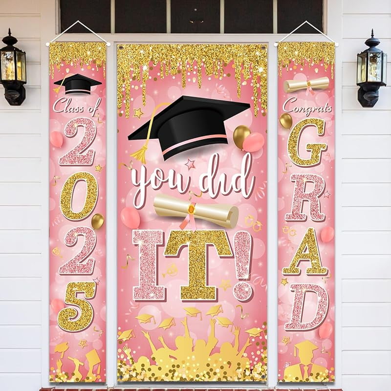 Graduationa Signs Pink 2025 Graduation Banner Pink Class of Congrats Grad Porch Sign and You ...