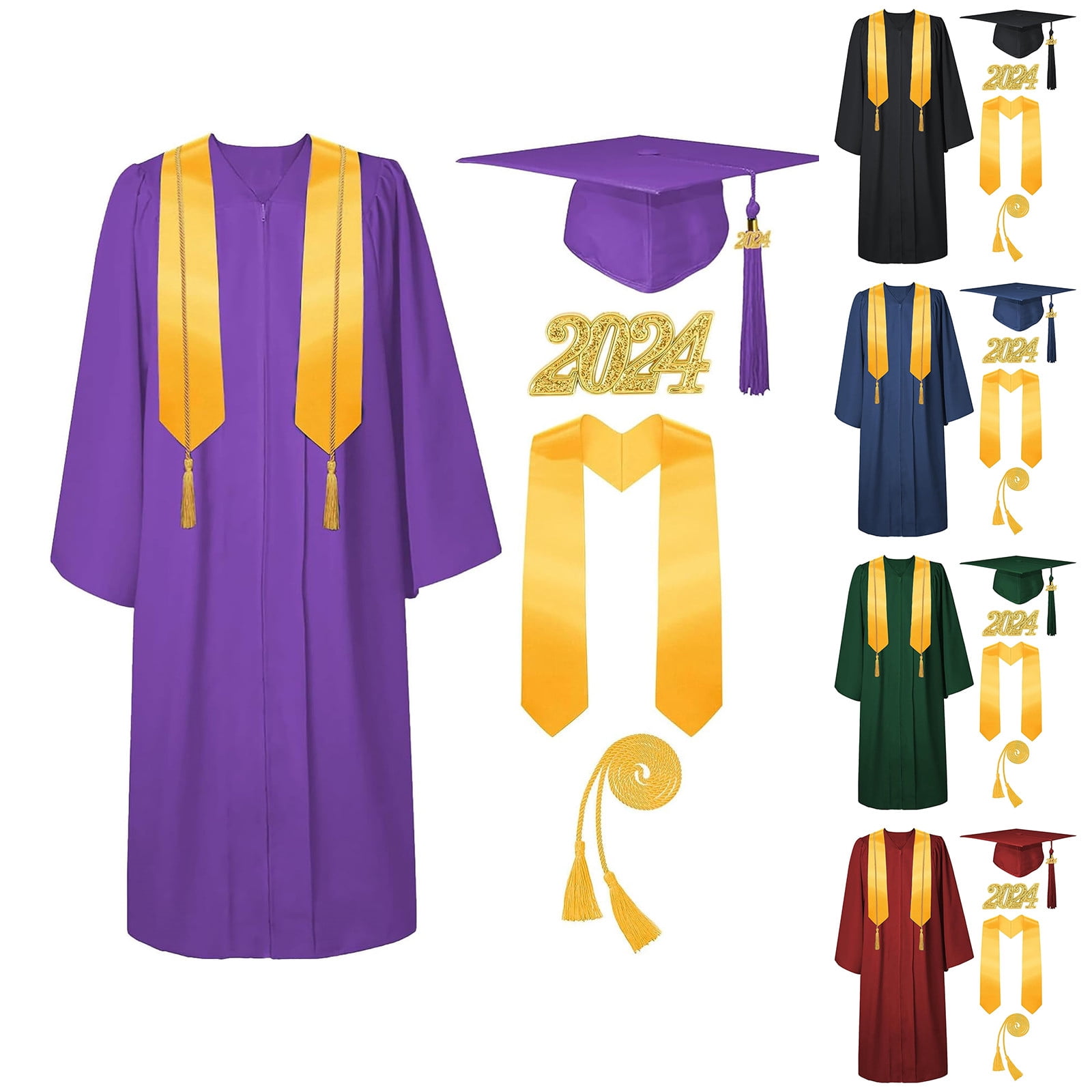 2025 Graduation Cap And Gown Set, American Woven 5-Piece Set With Tassel, Honor Cord, Graduation Stoles, Purple, 54 - Includes 1 Gown, 1 Hat, 1 Tassel, 1 Pendant, Suitable For