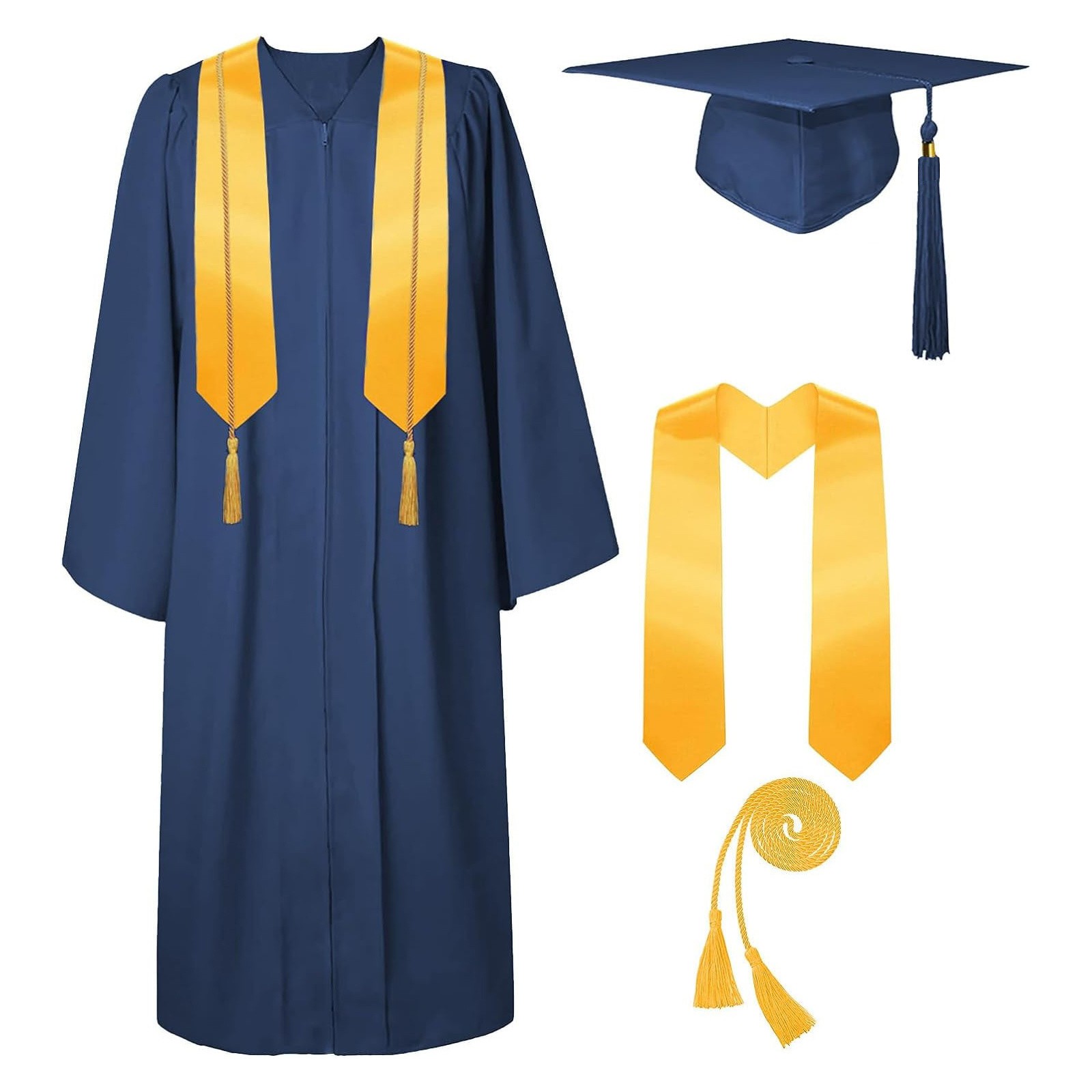 2025 Graduation Cap And Gown Set With Tassel, Honor Cord, Graduation Stoles - Navy Blue American Woven Gown, Includes 1 Gown, 1 Hat, 1 Tassel, 1 Pendant, 1 Honor Cord (5 Pieces) -