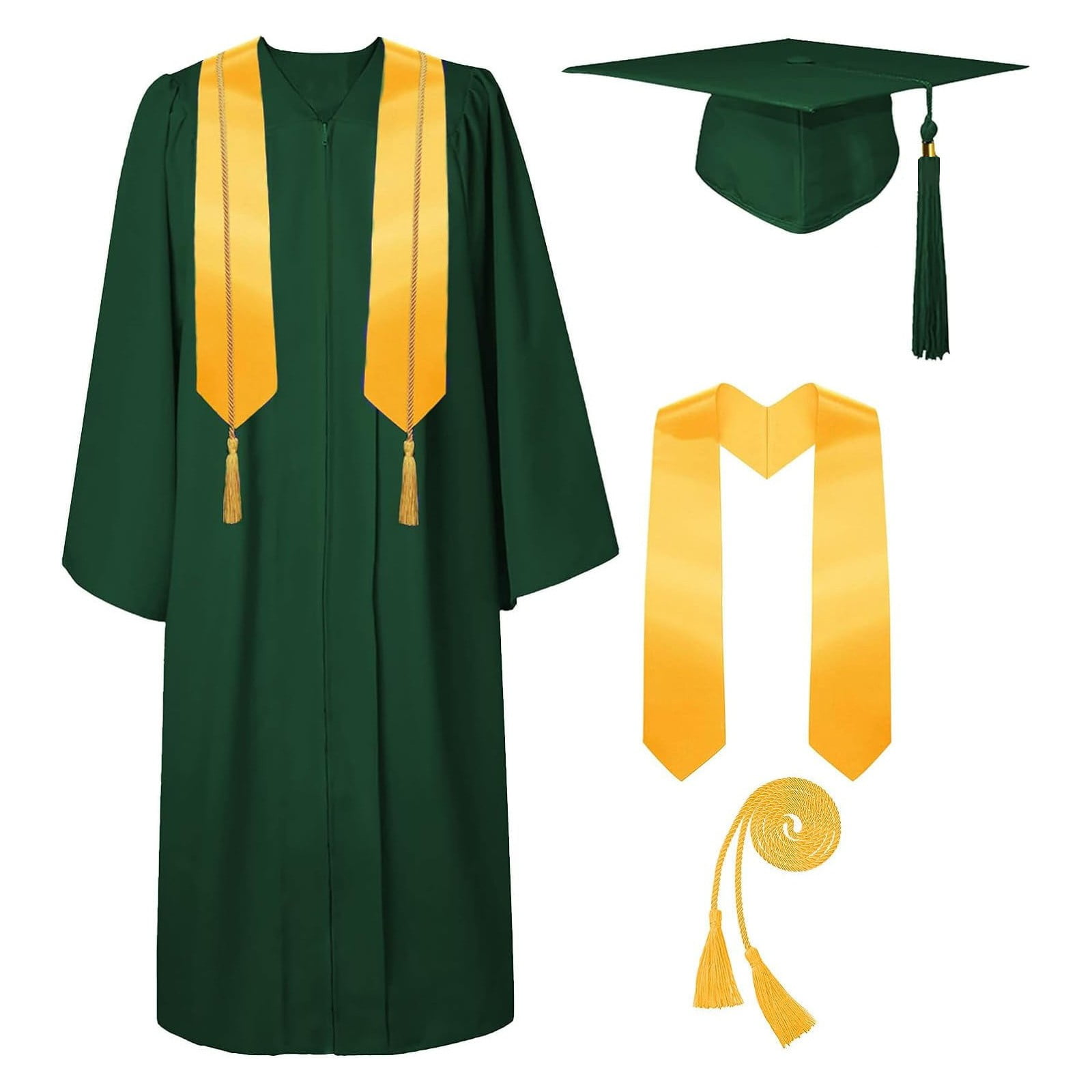 2025 Graduation Cap And Gown Set With Tassel Pendant Honor Cord Stole, Dark Green Woven Bachelor Graduation Outfit For High School College Students - 5-Piece Graduation Attire