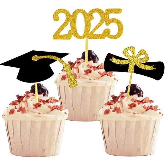 2025 Graduation Cupcake Toppers, 48 PCS Food/Appetizer Picks For Graduation Party Mini Cake Decorations, Diploma, 2025, Grad Cap Set 48 Pieces