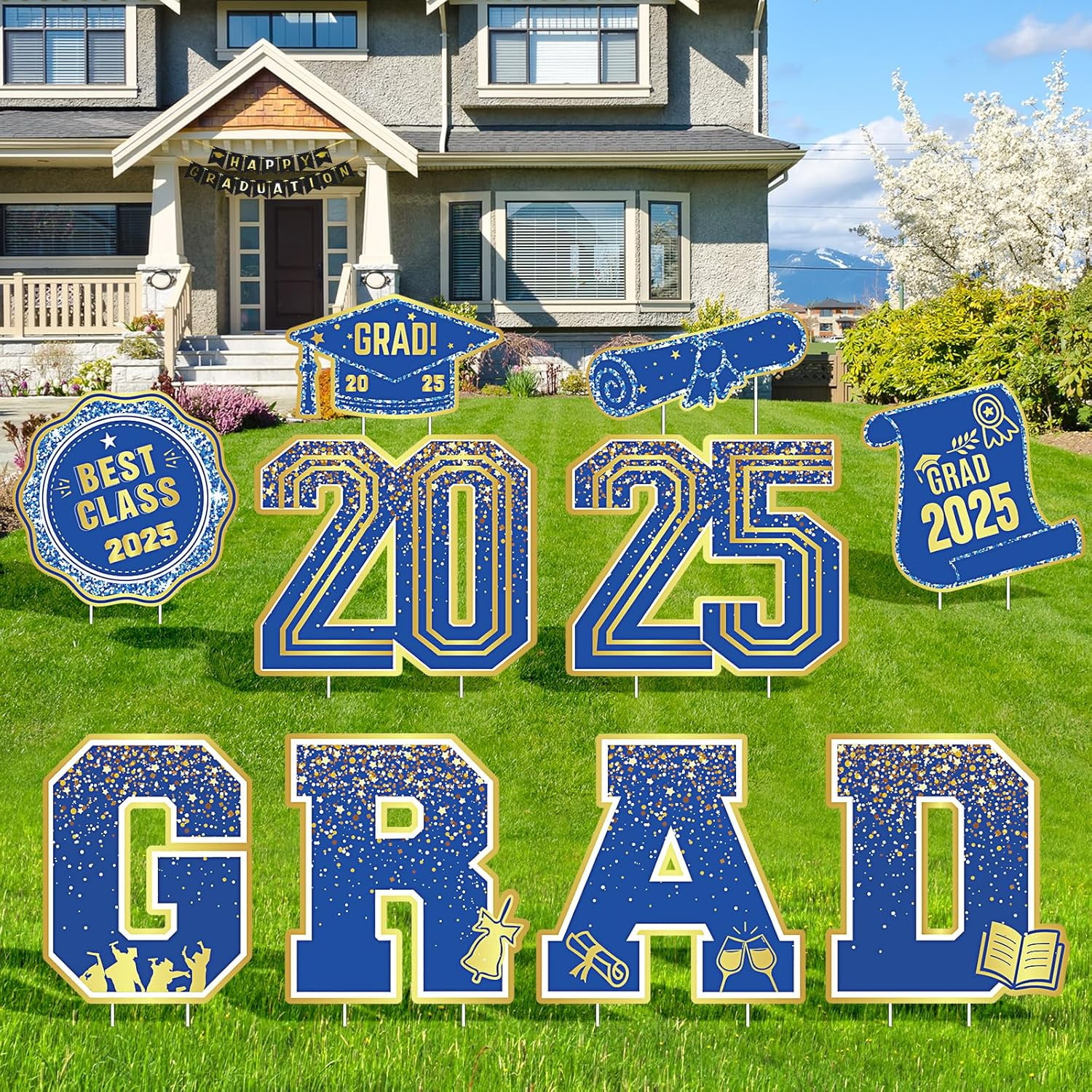 2025 Graduation Decorations Yard Signs – 10PCS Blue Gold Congrats Grad ...