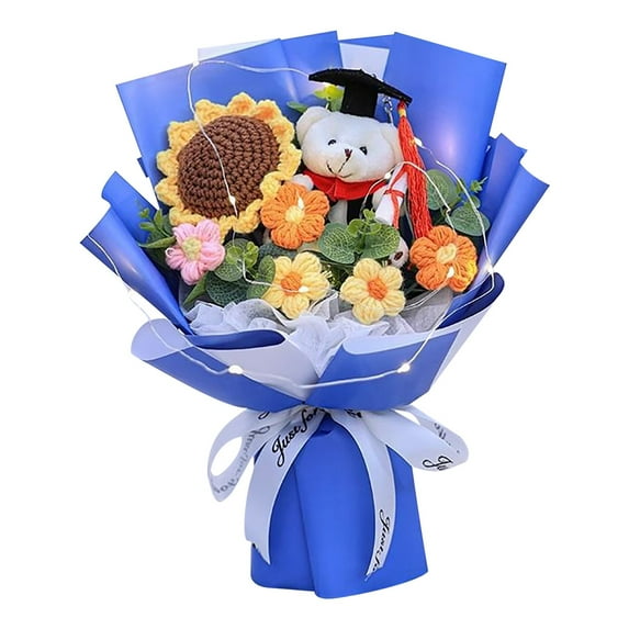 2025 Graduation Gift Set with 13.78x9.8in Knitted Flower Bouquet Graduation Bear Gift Bag Handcrafted Keepsake for High School College Graduate (Blue)