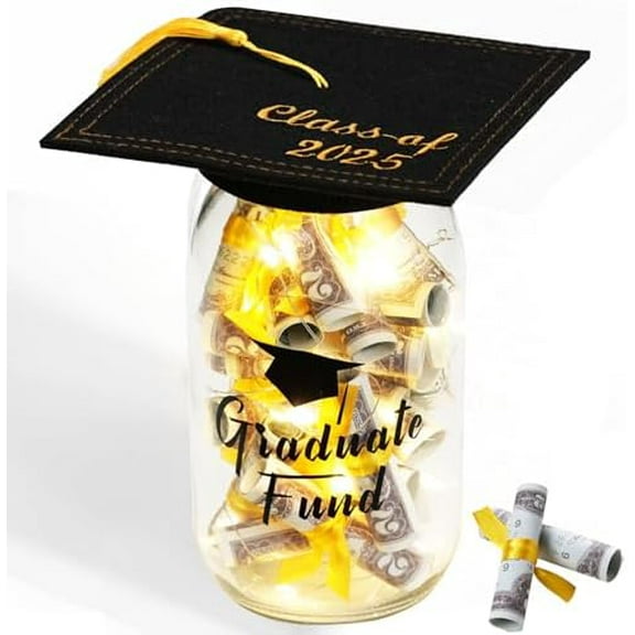 2025 Graduation Gifts for Her/Him- Lighted Graduation Mason Jar Filled with Money & Class of 2025 Cap Kit,Graduation Decorations Class of 2025 Graduation Centerpieces, Money Gift Ideas for Boys Girls