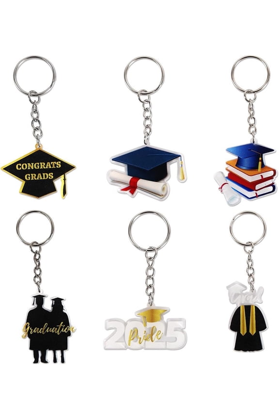 2025 Graduation Gifts Keychain for Him Her Class of 2025 Senior Cute Funny Acrylic Keychain with Book Mortarboard Designs for College High School Gifts 6Pcs