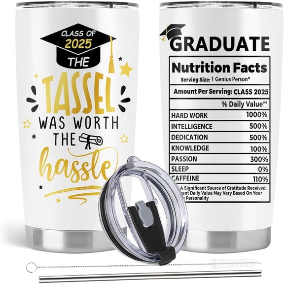 2025 Graduation Gifts Tumbler, College High School Graduation Gifts 2025, Stainless Steel Tumbler with Lid and Straw Coffee Mug 20 OZ White