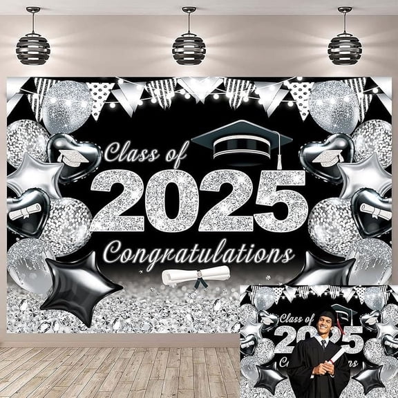 2025 Graduation Party Backdrop Blue Silver Class of 2025 Glitter Graduation Photography Background Party School Prom Cake Table Decorations Banner