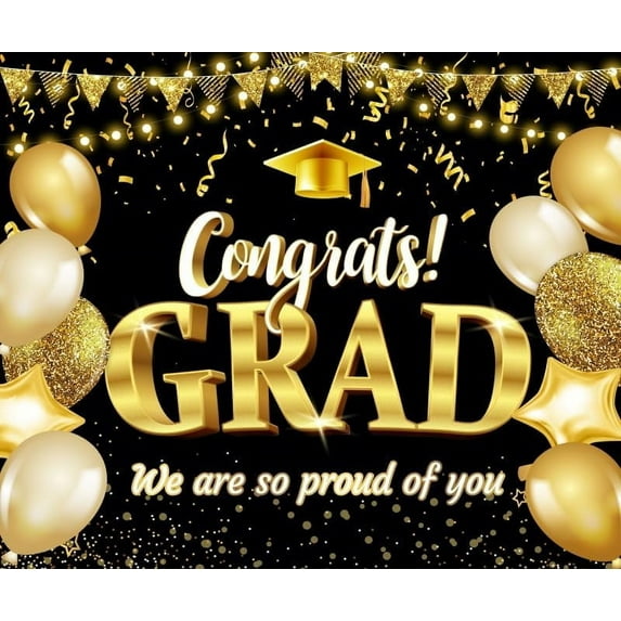 2025 Graduation Party Backdrop Congrats Grad Congratulations Class of 2025 Black Gold Bachelor Cap Balloon Graduate Prom Decorations Background Birthday Cake Table Banner Photo Booth