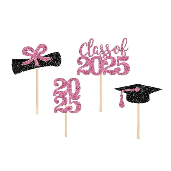 2025 Graduation Party Decorations - Graduation Season Small Cake Decorations - Card Slot Inserts for Cupcake toppers - Wood& Paper Graduation Design Cake Decorations,Pink,4PCS