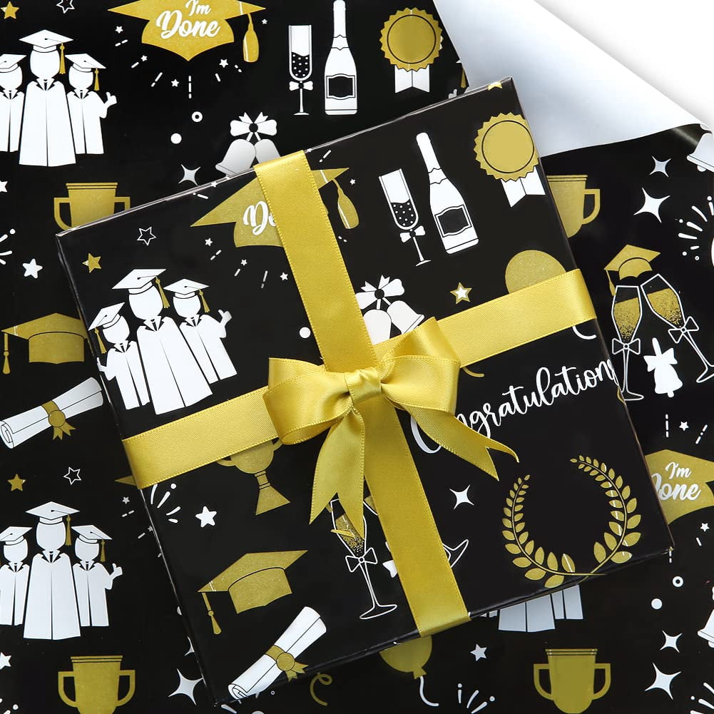 2025 Graduation Wrapping Papers, MMF7 6 Sheets Black and Gold Gift Wrap ...