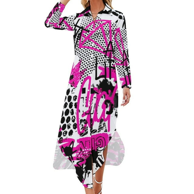 2025 Graffiti Print Casual Dress Black Brush Street Fashion Dresses V Neck Retro Chiffon Dress