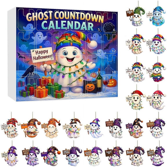2025 Halloween 2D Ornaments Countdown Set,Halloween Advent Calendar,Acrylic Animal Pendent for Halloweens Christmas Tree Decor,Reusable Hanging Tree Ornaments,Halloweens Ghost Calendar