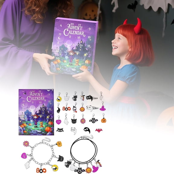 2025 Halloween Advent Calendar for Boys and Girls 24 Day Unique Countdown Calendar Spooky Design Blind DIY Charm Bracelet Purple,18.7x14.7cm