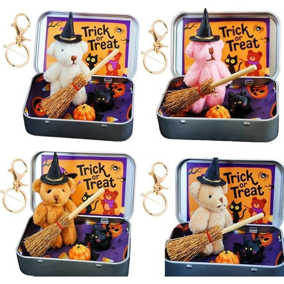 2026 Halloween Bear in a Box for Trick or Treat - Little Bear Gift with Wizard Hat & Broom, Halloween Party Favor, Halloween Toy Gift for Family & Friends - 4Pcs