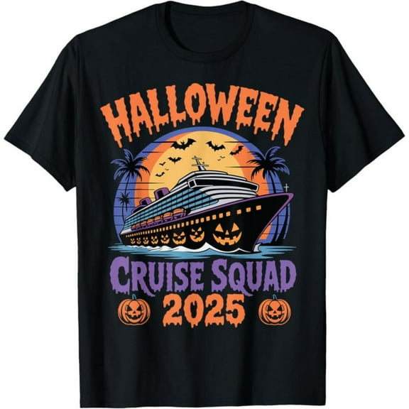 2025 - Halloween - Cruise Graphic Tee, Tops Has "HALLOWEEN CRUISE SQUAD 2025" Text, Round Neck Regular Fit T - shirts, Size(S - 5XL)