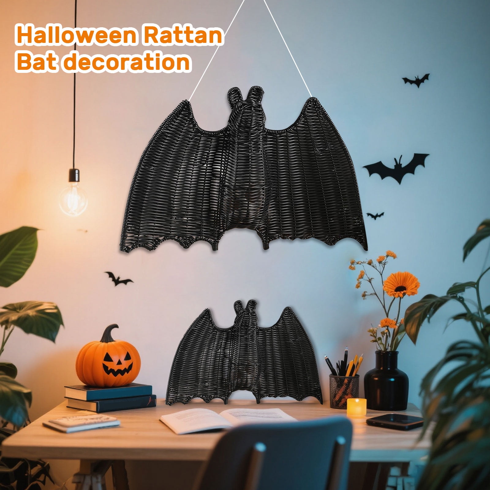 2025 Halloween Decoration Woven Bat Hanging Decor, Black Wickers Rattan ...