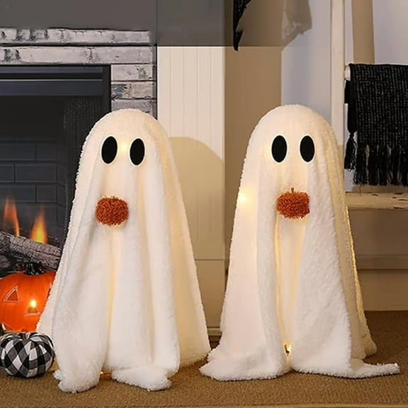 2025 Halloween Decorations-2 Pack Light-Up Sherpa Ghosts with Pumpkin Halloween Decor Indoor Cute Ghost Tabletop Decor for Party Home Kitchen and Fireplace (#F)