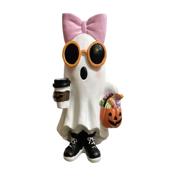 2025 Halloween Ghost Figurine - 5.9-Inch Resin Ghost Girl with Pink Bow & Hot Drink, Whimsical Tabletop Decoration for Home & Gift