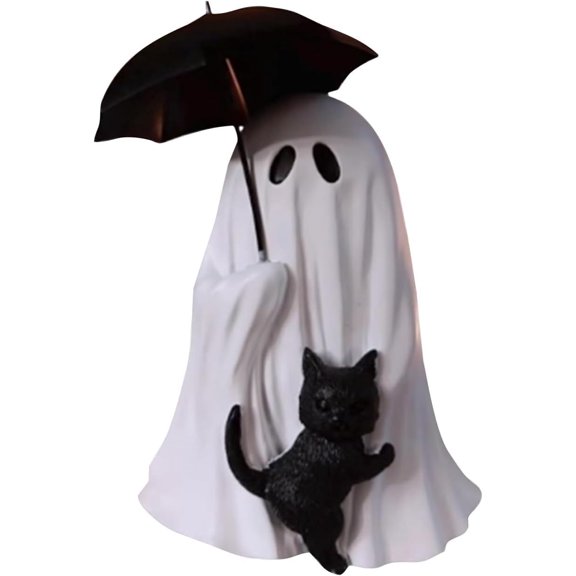 2025 Halloween Ghost Holding Umbrella Statue Ghost with Black Cat Umbrella Figurines Resin Gothic Ghosts Statues Spooky Tabletop Ghost Oranment for Office Shelf Home Halloween Decor