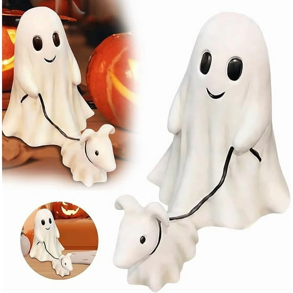 2025 Halloween Ghost Walking Dog Statue, Indoor Spooky Dog Statue, Ghost Walking His Ghost Dog, Perfect Decoration for Home Tabletop