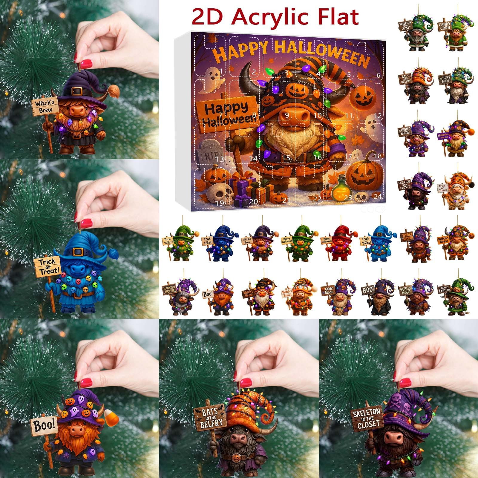 2025 Halloween Highlands Cow Gnome Advent Calendar 2D Acrylic Hanging ...