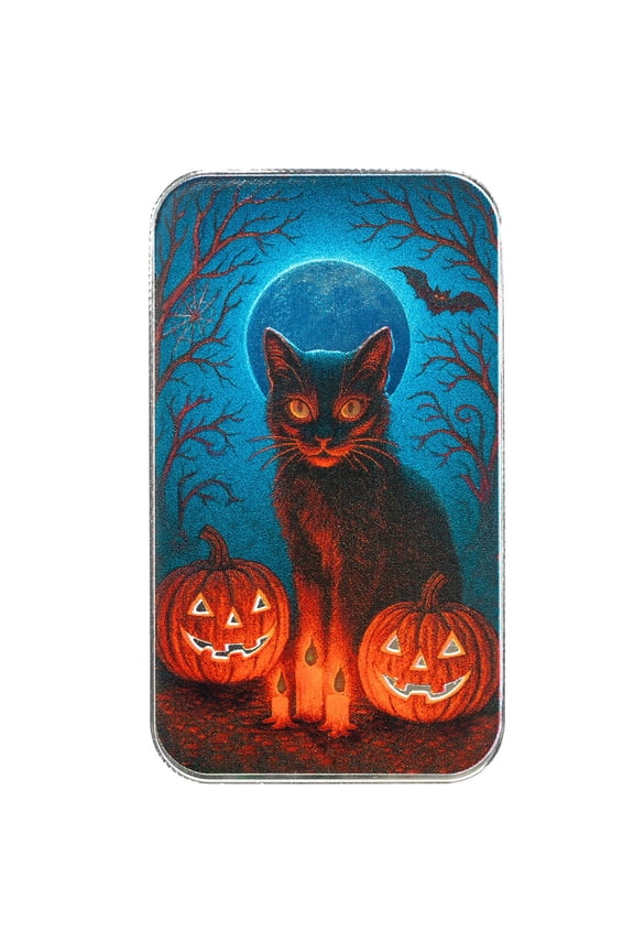 2025 Halloween Horrors | Black Cat and Pumpkins 1 oz 999 Fine Silver Colorized Bar