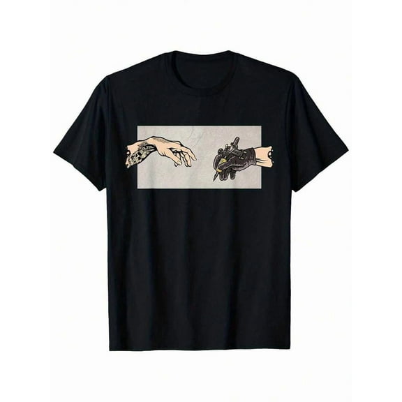 2025 Halloween Men's Black Graphic T-Shirt - Tattoo Artist Design With Hands & Bird - Lightweight Everyday & Special Occasion Tee - Machine Washable Casual Shirt For Parties, Outdoors, Casual Attire,