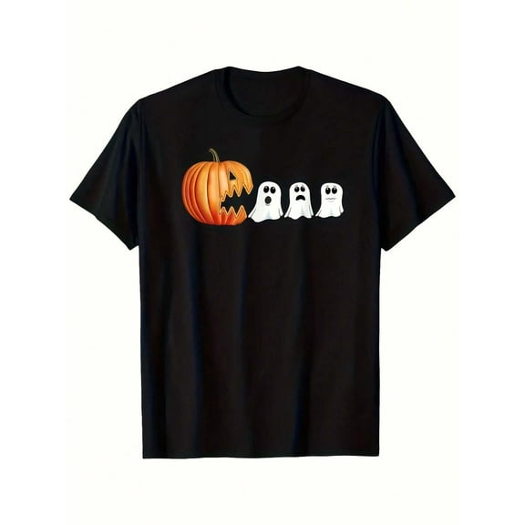 2025 Halloween Men's Funny Halloween T-Shirt - Soft Short Sleeve With Smiling & Frowning Ghosts & Jack-O-Lantern Print - Spooky Party Outfit Or Everyday Fall Costume - Machine Washable Black Shirt Wi