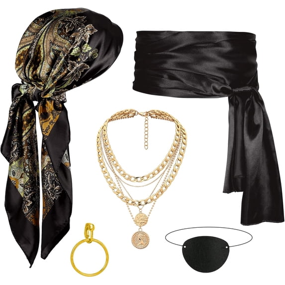 2025 Halloween Pirate Costume Accessories Set for Women, Pirate Hat, Head Scarf, Sash, Belt, Dress Accessories Black