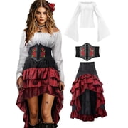 2025 Halloween Pirate Costume Women, Pirate Outfit with Renaissance Pirate Shirt Skirt Corset Waist Belt Women Halloween Pirate Costumes White+red S