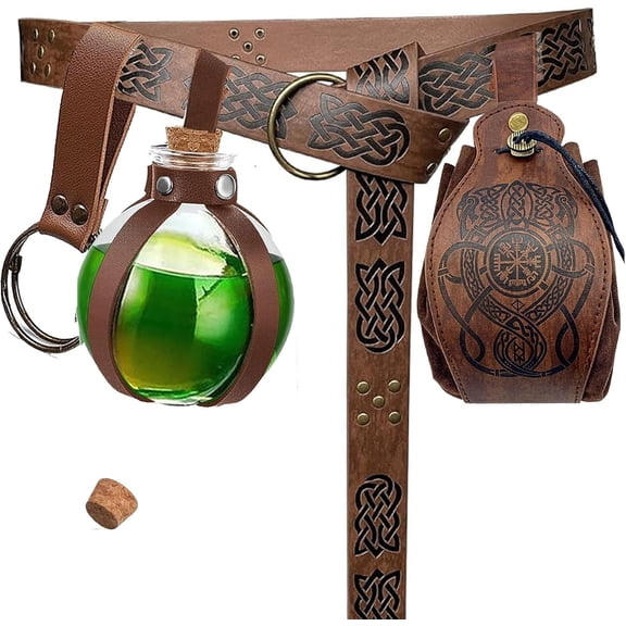 Halloween Witch Costume Women, 4Pcs Halloween Renaissance Belt Pouch Witch Bottle Skirt Hikes Medieval Viking Pirate Leather Belt Costume Set - Dragon Brown