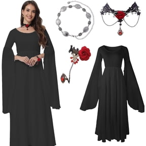 Halloween Witch Costume Women, 4Pcs Women Medieval Witch Gothic Long Dress Halloween Vampire Renaissance Costume with Belt Chain Bracelets Necklaces Black XXL