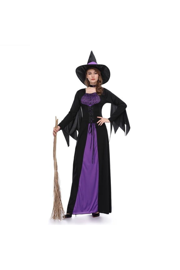 Halloween Witch Costume Women, Classic Retro Witch Costumes for Women Halloween Fancy Dress Witch Dress Purple L