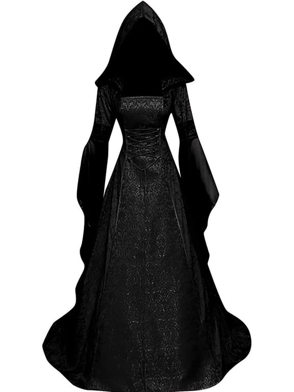 Halloween Witch Costume Women, Deluxe Witch Dress Costume, Vintage Embroidered Renaissance Gothic Hooded Vampire Gown Dress Cosplay Costumes Black M