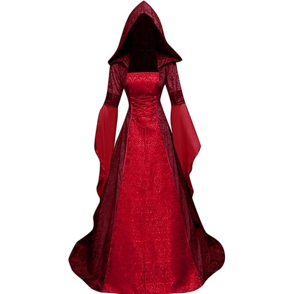 Halloween Witch Costume Women, Deluxe Witch Dress Costume, Vintage Embroidered Renaissance Gothic Hooded Vampire Gown Dress Cosplay Costumes Red XL