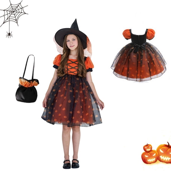 Cute Retro Witch Costume Dress for Teens Halloween Fancy Dress Party Cosplay Outfit Orange 110
