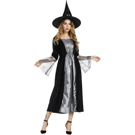 Halloween Witch Costume for Women, Halloween Gothic Witch Dresses for Fancy Dress Party Silver S