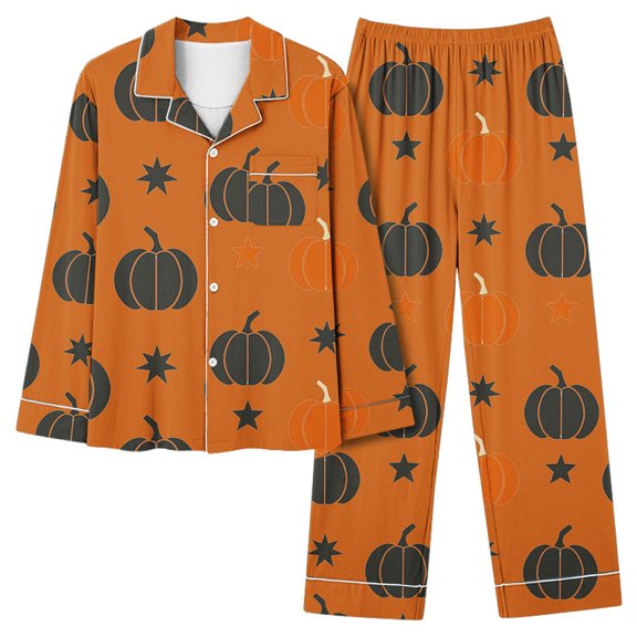 2025 Halloween Womens Pajama Two Piece Pumpkin Lounge Sets Trendy Button-Up Tops Pants Ladies Pajamas Set Orange, M