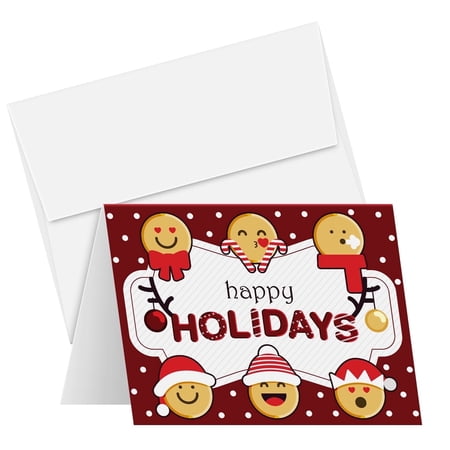 2026 Happy Holidays Greeting Cards – Red Blank Fold Over Card Stock & Envelopes, Funny and Cute Emoji | 4.25 x 5.5” When Folded (A2 Size) | Bulk Set of 25 Cards and 25 Envelopes