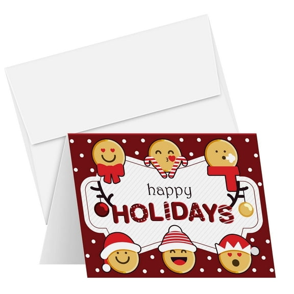 2026 Happy Holidays Greeting Cards  Red Blank Fold Over Card Stock & Envelopes, Funny and Cute Emoji | 4.25 x 5.5 When Folded (A2 Size) | Bulk Set of 25 Cards and 25 Envelopes