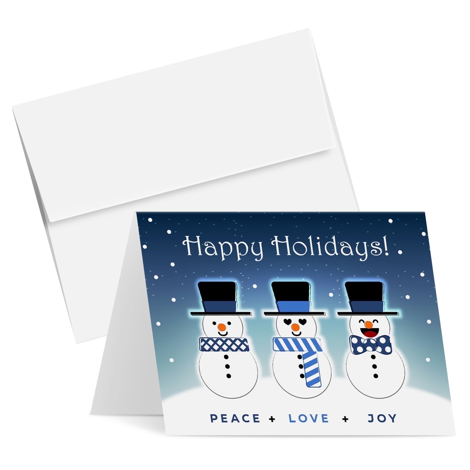 2026 Happy Holidays, Peace Love & Joy Greeting Cards & Envelopes, Funny and Cute Snowman Fold Over for Christmas and New Year | 4.25 x 5.5 When Folded (A2 Size) | Bulk Set of 25 Cards & 25 Envelopes