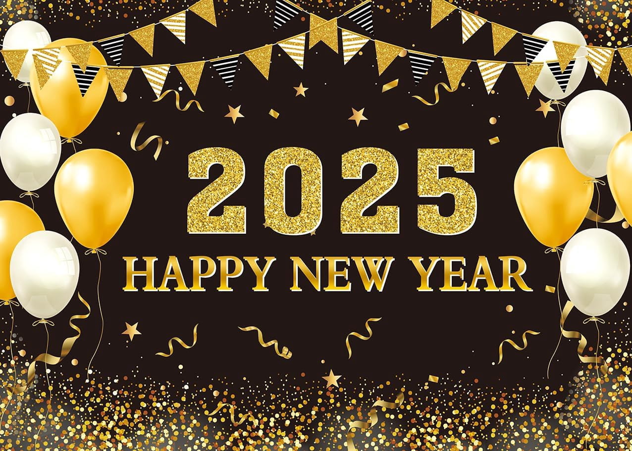2025 Happy New Year Backdrop Black Gold Balloons New Year Photography ...