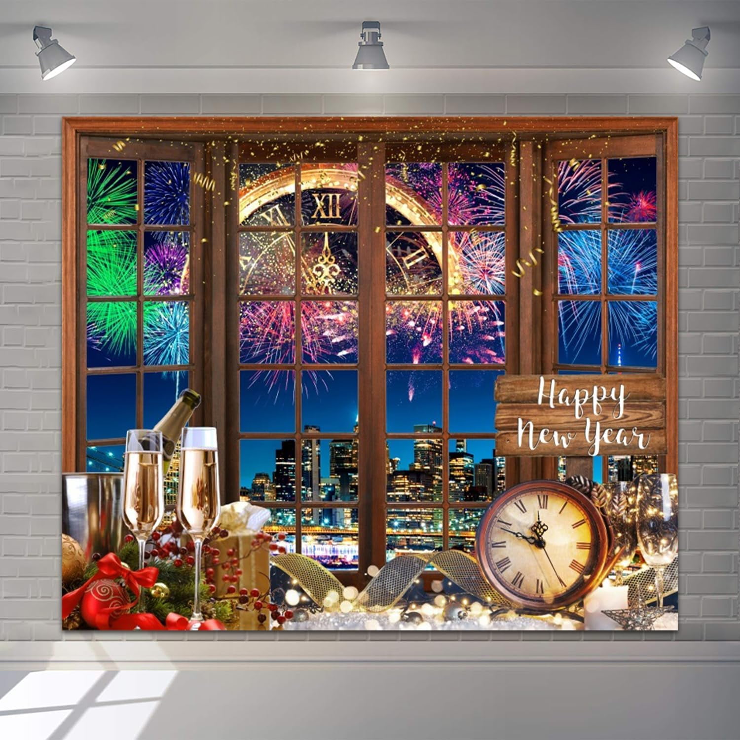2025 Happy New Year Backdrop New Year Eve Photo Backdrop Shining Bokeh Fireworks Clock