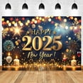 2025 Happy New Year Background Golden Fireworks Wine Glasses Family Countdown Party Decor Banner