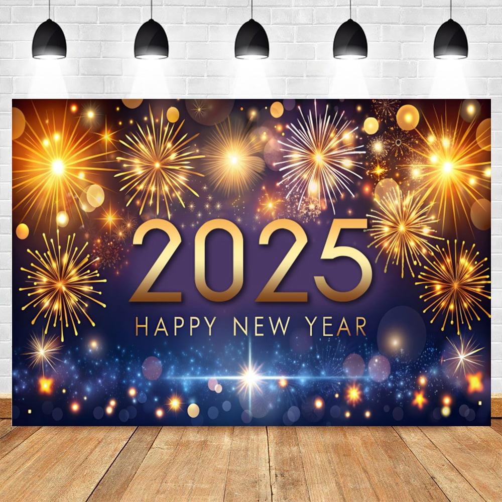 2025 Happy New Year Background Golden Fireworks Wine Glasses Family